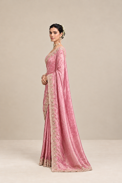 Blush Pink Floral Woven Silk Saree with Embellished Zari Border