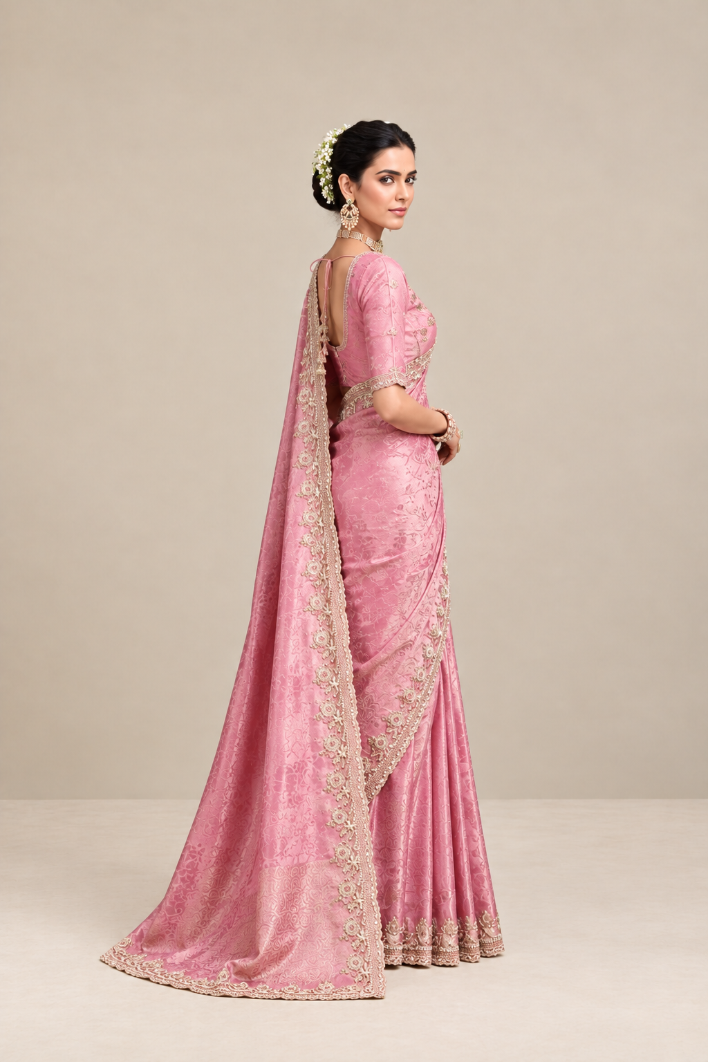 Blush Pink Floral Woven Silk Saree with Embellished Zari Border