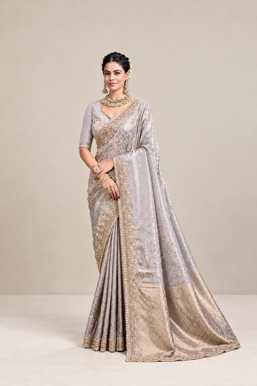 Lavender Silver Floral Woven Silk Saree with Gold Zari Border
