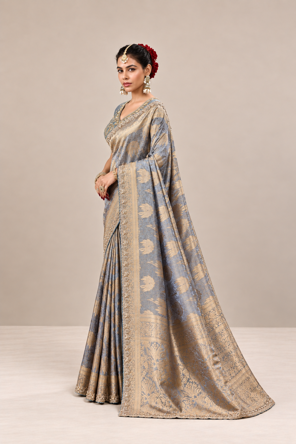 Powder Blue Silk Saree with Golden Floral Weaves & Embellished Border