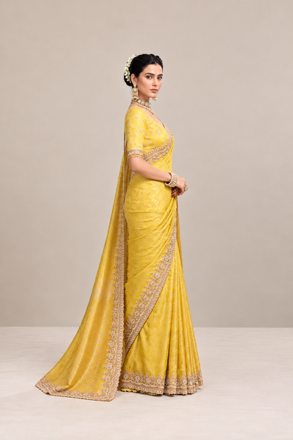 Golden Yellow Floral Woven Silk Saree with Embellished Zari Border