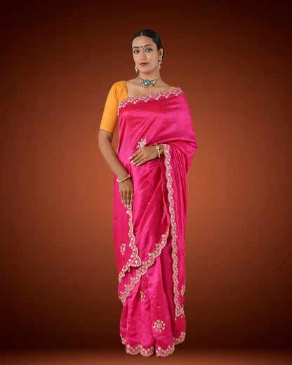 Royal Radiance Pink Tassar Crepe Saree with Gota Patti & Pearl Work