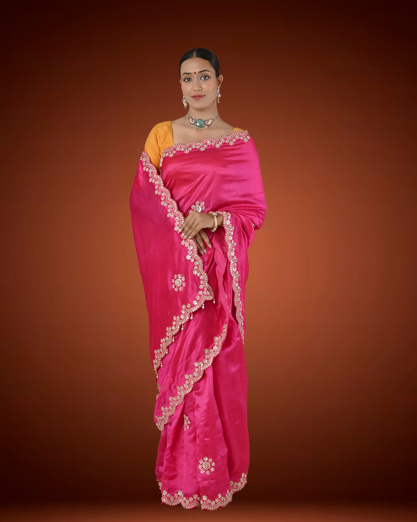Royal Radiance Pink Tassar Crepe Saree with Gota Patti & Pearl Work