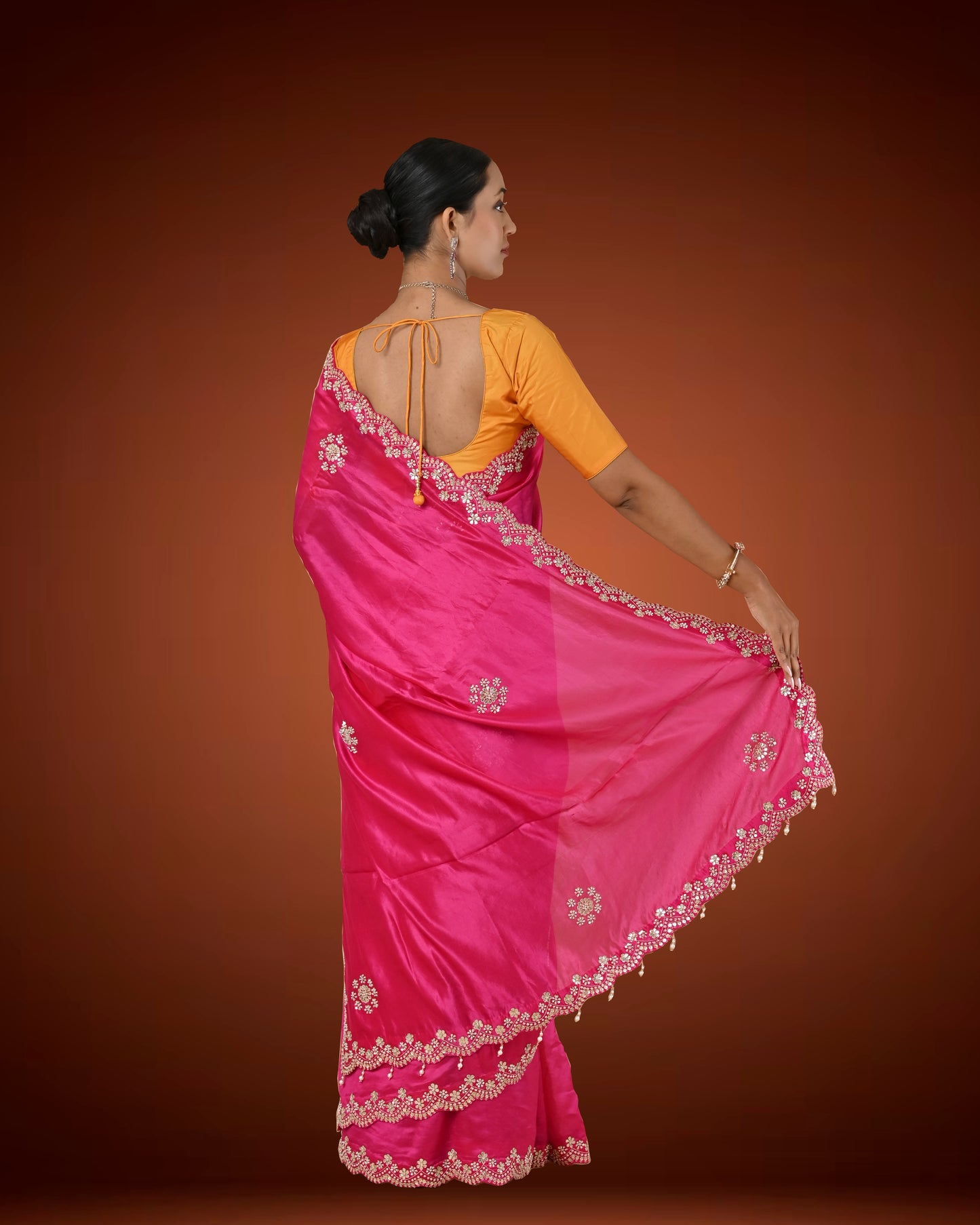 Royal Radiance Pink Tassar Crepe Saree with Gota Patti & Pearl Work