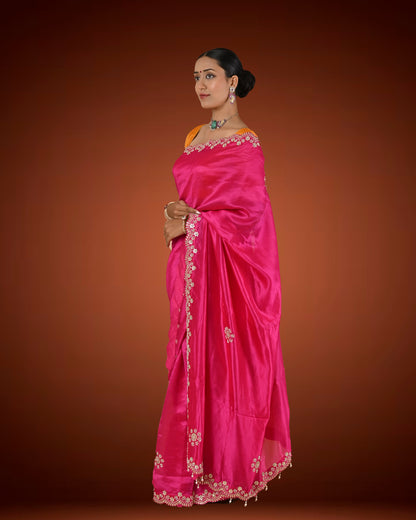 Royal Radiance Pink Tassar Crepe Saree with Gota Patti & Pearl Work