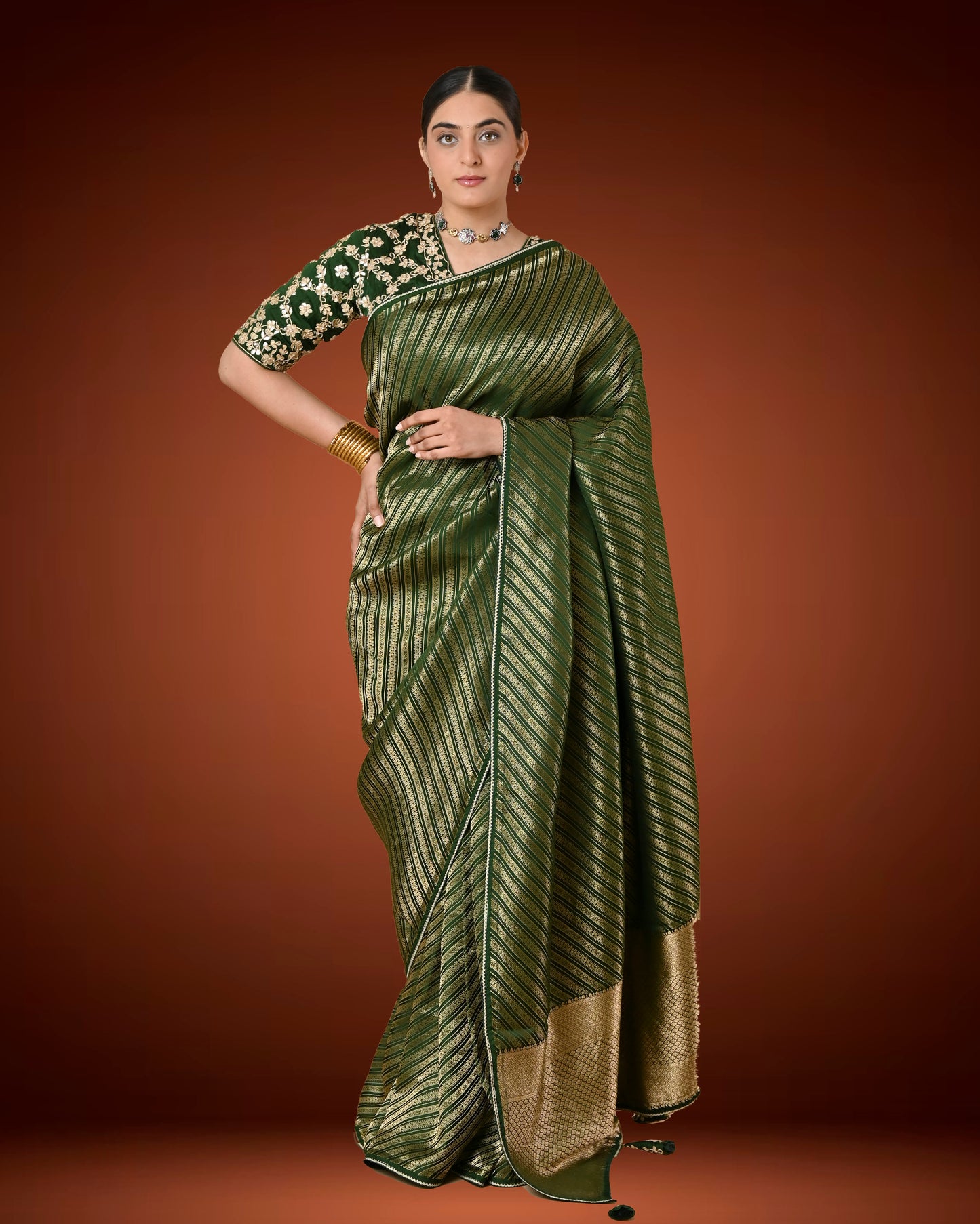 Royal Bottle Green Brocade Saree with Gota Patti Ready Blouse