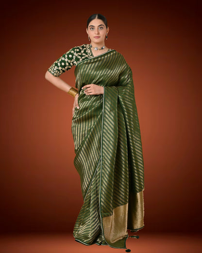 Royal Bottle Green Brocade Saree with Gota Patti Ready Blouse