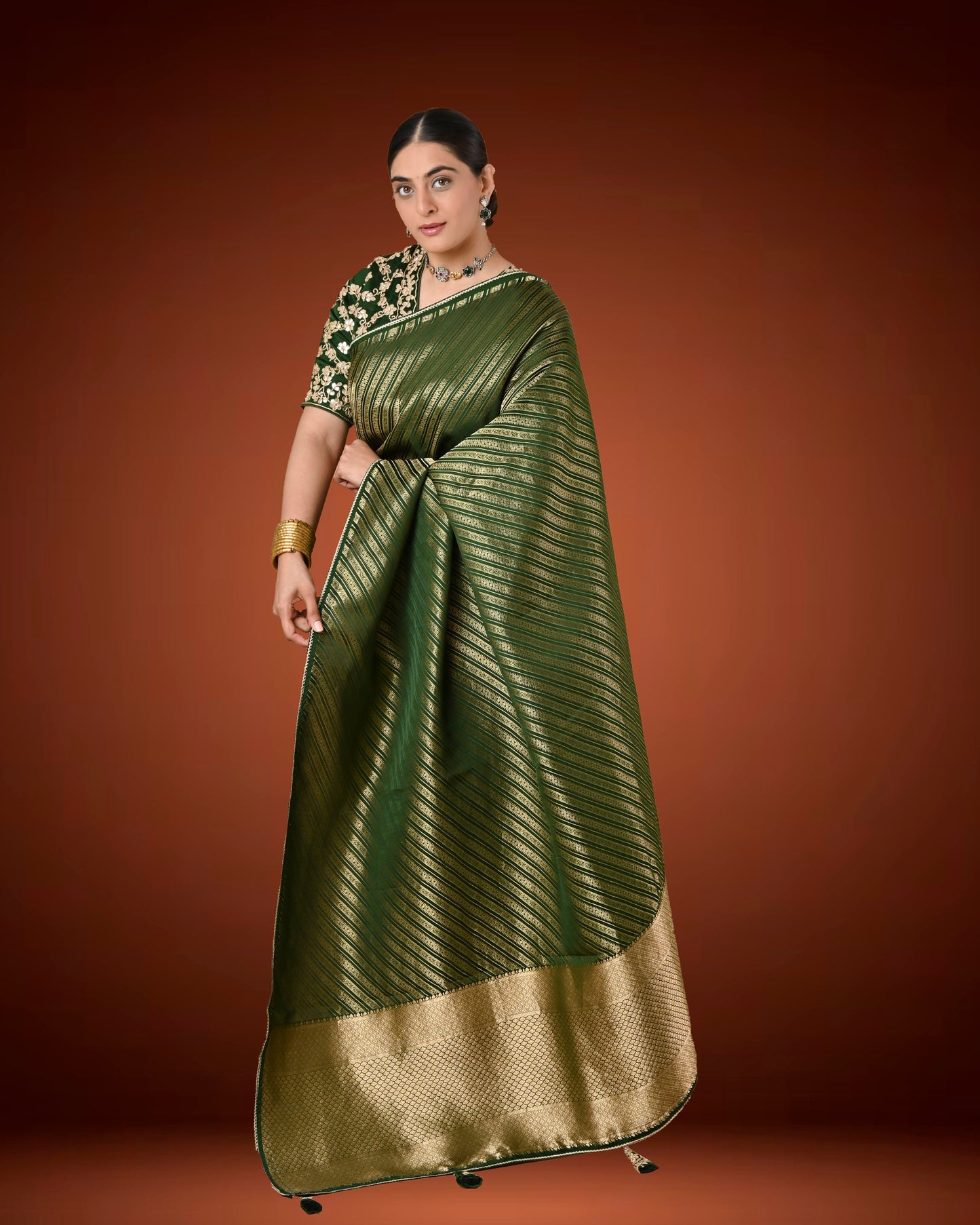 Royal Bottle Green Brocade Saree with Gota Patti Ready Blouse