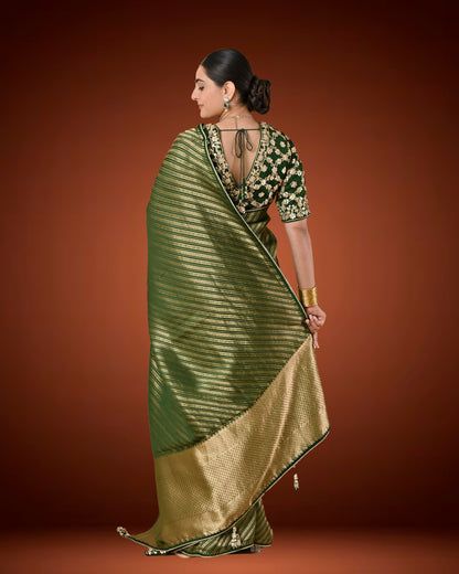 Royal Bottle Green Brocade Saree with Gota Patti Ready Blouse