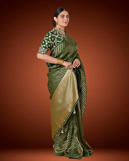 Royal Bottle Green Brocade Saree with Gota Patti Ready Blouse