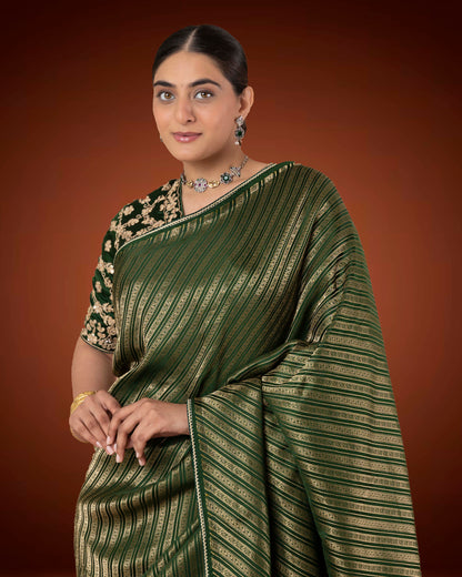Royal Bottle Green Brocade Saree with Gota Patti Ready Blouse