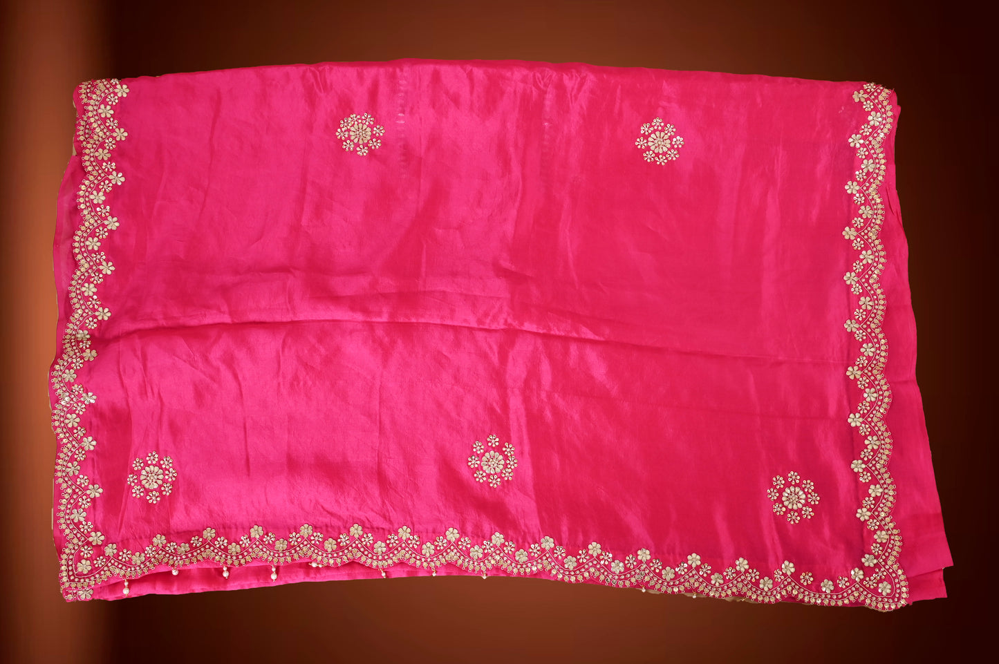 Royal Radiance Pink Tassar Crepe Saree with Gota Patti & Pearl Work