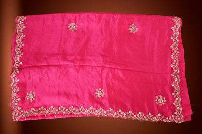 Royal Radiance Pink Tassar Crepe Saree with Gota Patti & Pearl Work