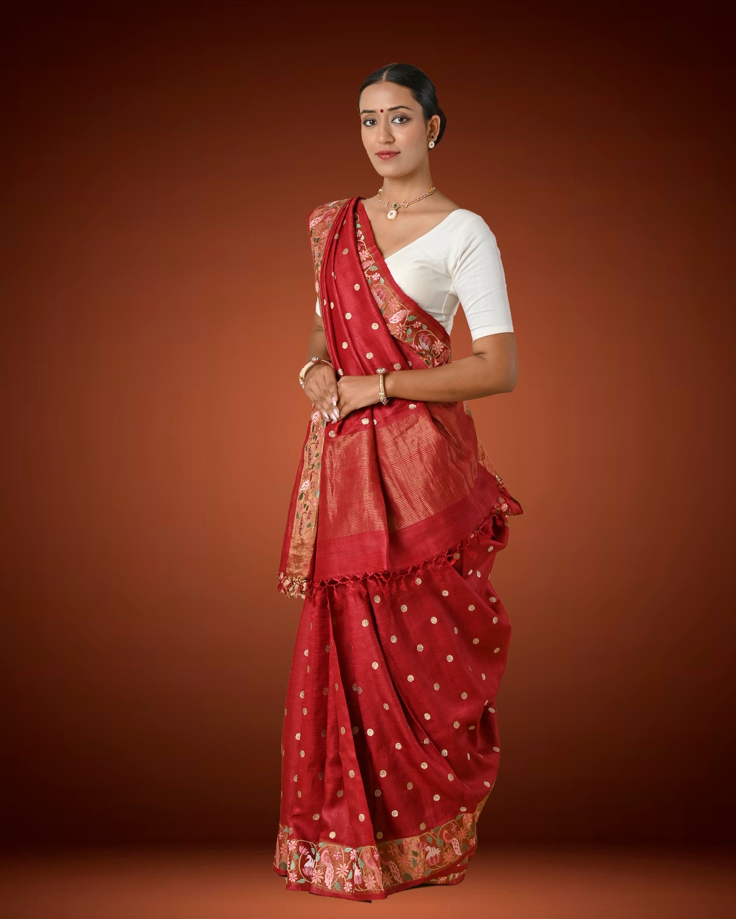 Elegant Maroon Tassar Silk Saree with Resham Embroidery & White Blouse