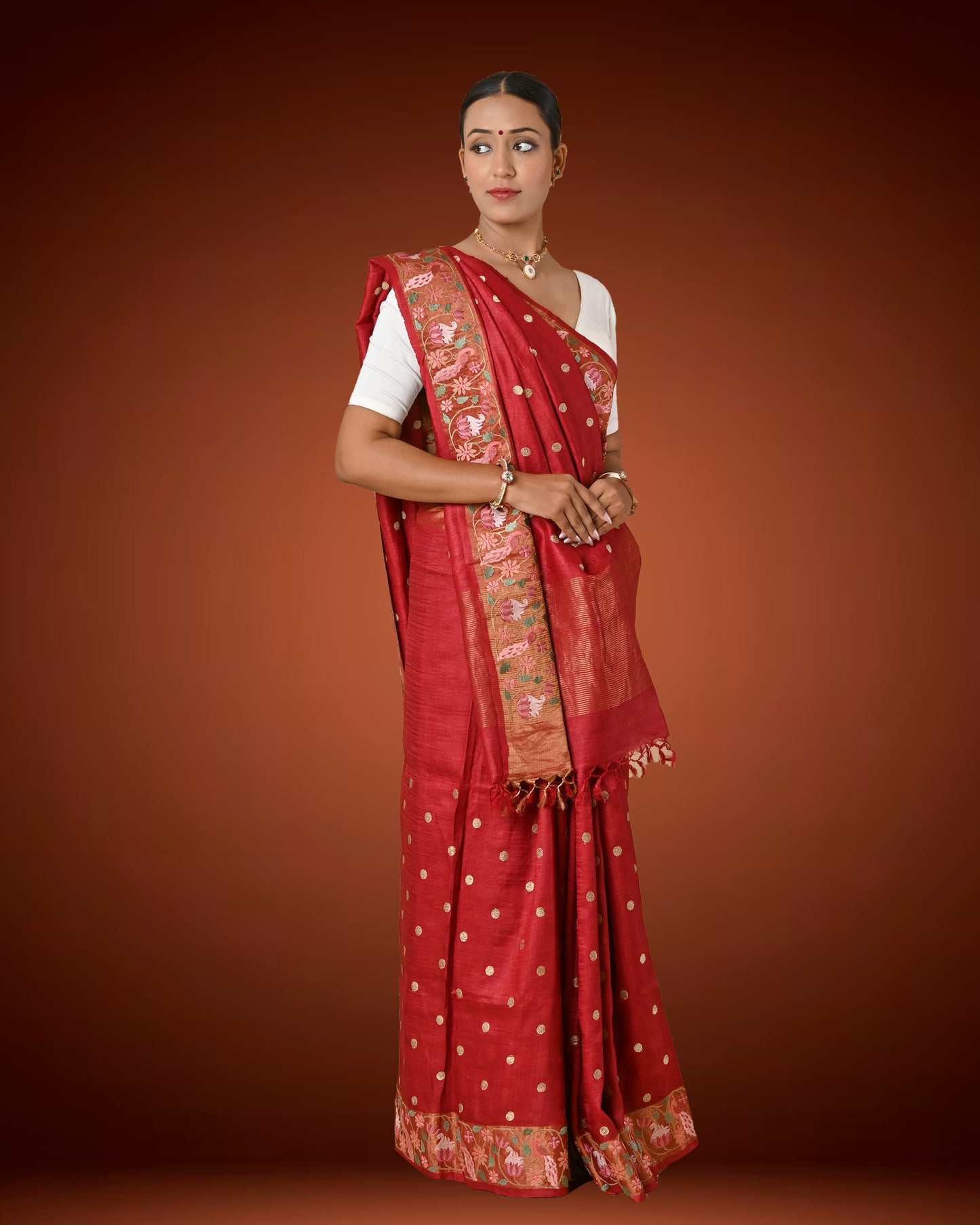 Elegant Maroon Tassar Silk Saree with Resham Embroidery & White Blouse