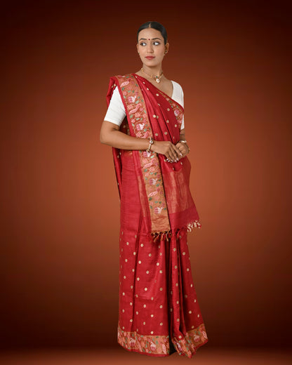 Elegant Maroon Tassar Silk Saree with Resham Embroidery & White Blouse