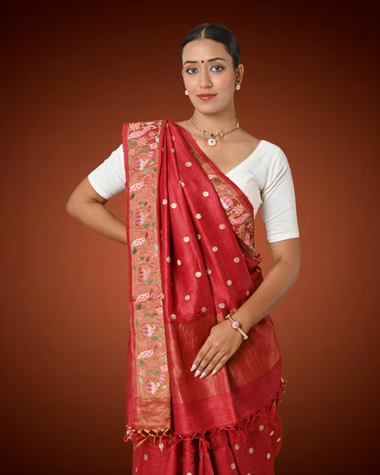 Elegant Maroon Tassar Silk Saree with Resham Embroidery & White Blouse