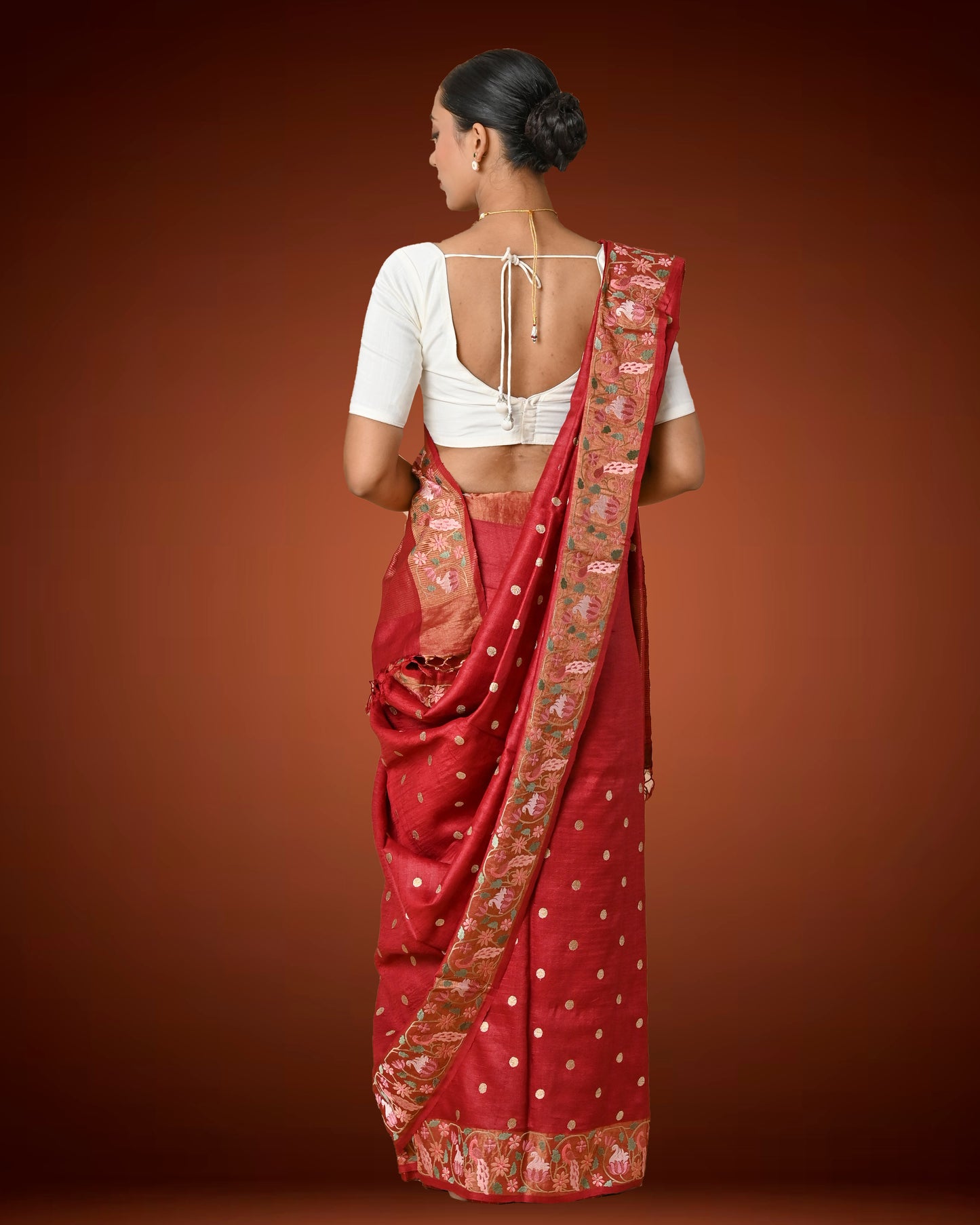 Elegant Maroon Tassar Silk Saree with Resham Embroidery & White Blouse