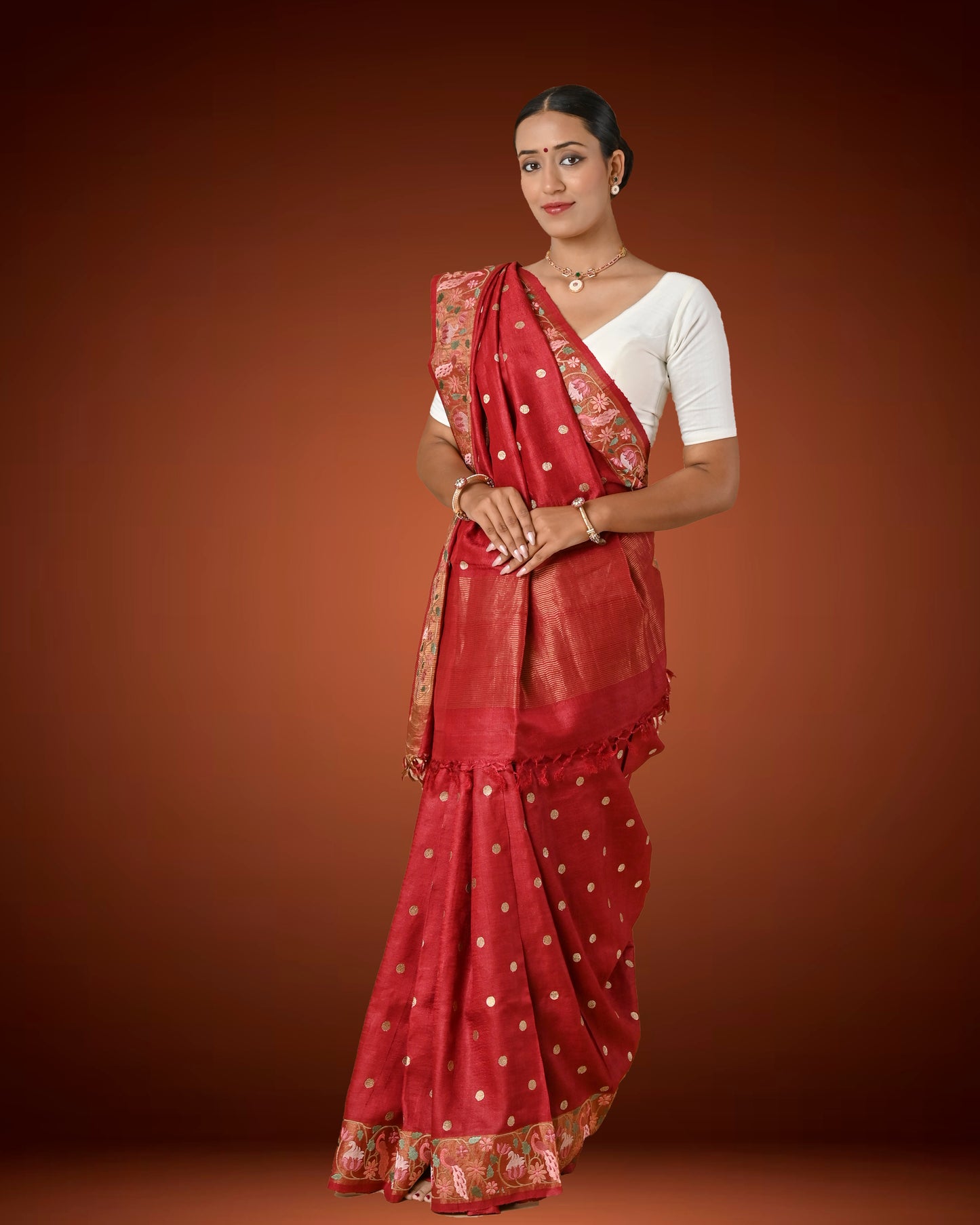 Elegant Maroon Tassar Silk Saree with Resham Embroidery & White Blouse