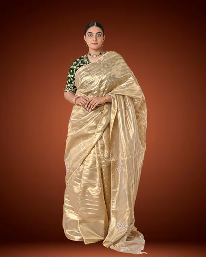 Gold Tissue Silk Saree with Jardosi and Diamond Embellishment & Green Embroidered Blouse