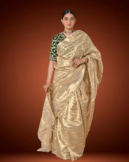 Gold Tissue Silk Saree with Jardosi and Diamond Embellishment & Green Embroidered Blouse