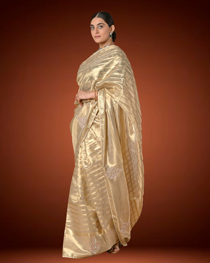 Gold Tissue Silk Saree with Jardosi and Diamond Embellishment & Green Embroidered Blouse