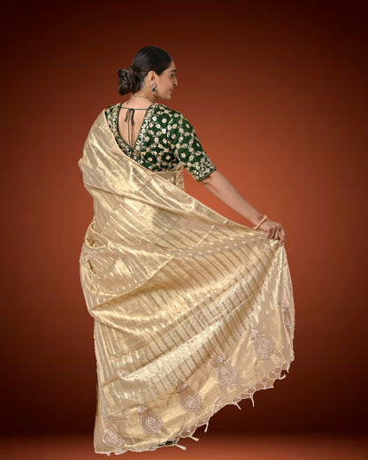 Gold Tissue Silk Saree with Jardosi and Diamond Embellishment & Green Embroidered Blouse
