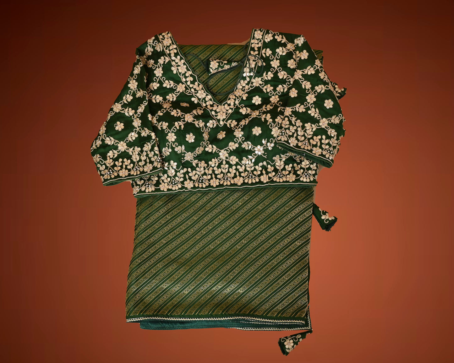 Royal Bottle Green Brocade Saree with Gota Patti Ready Blouse