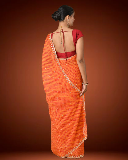 Orange Crape Georgette Leheriya Saree with Mirror Work Border