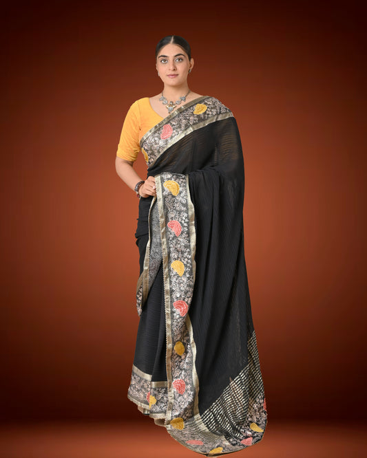Black Pure Chiffon Saree with Aari Work and Zari Border