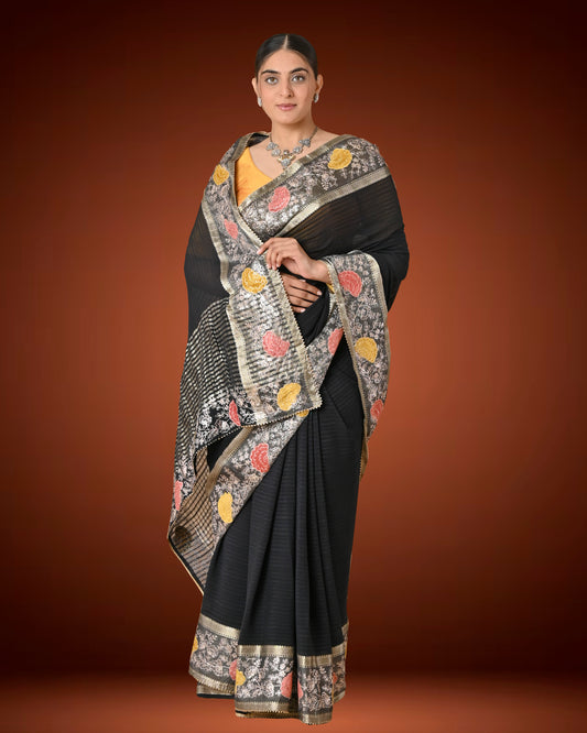 Black Pure Chiffon Saree with Aari Work and Zari Border