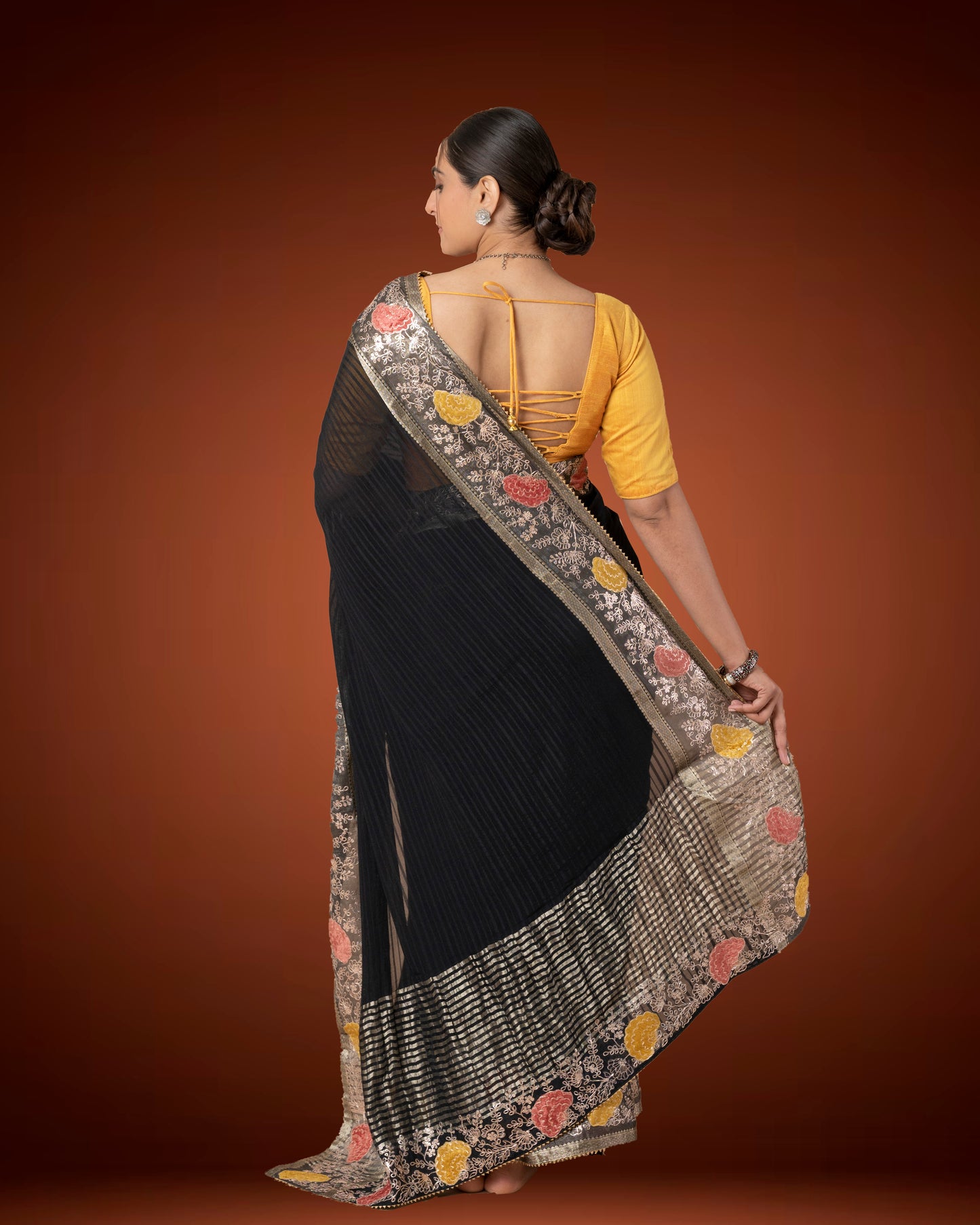 Black Pure Chiffon Saree with Aari Work and Zari Border