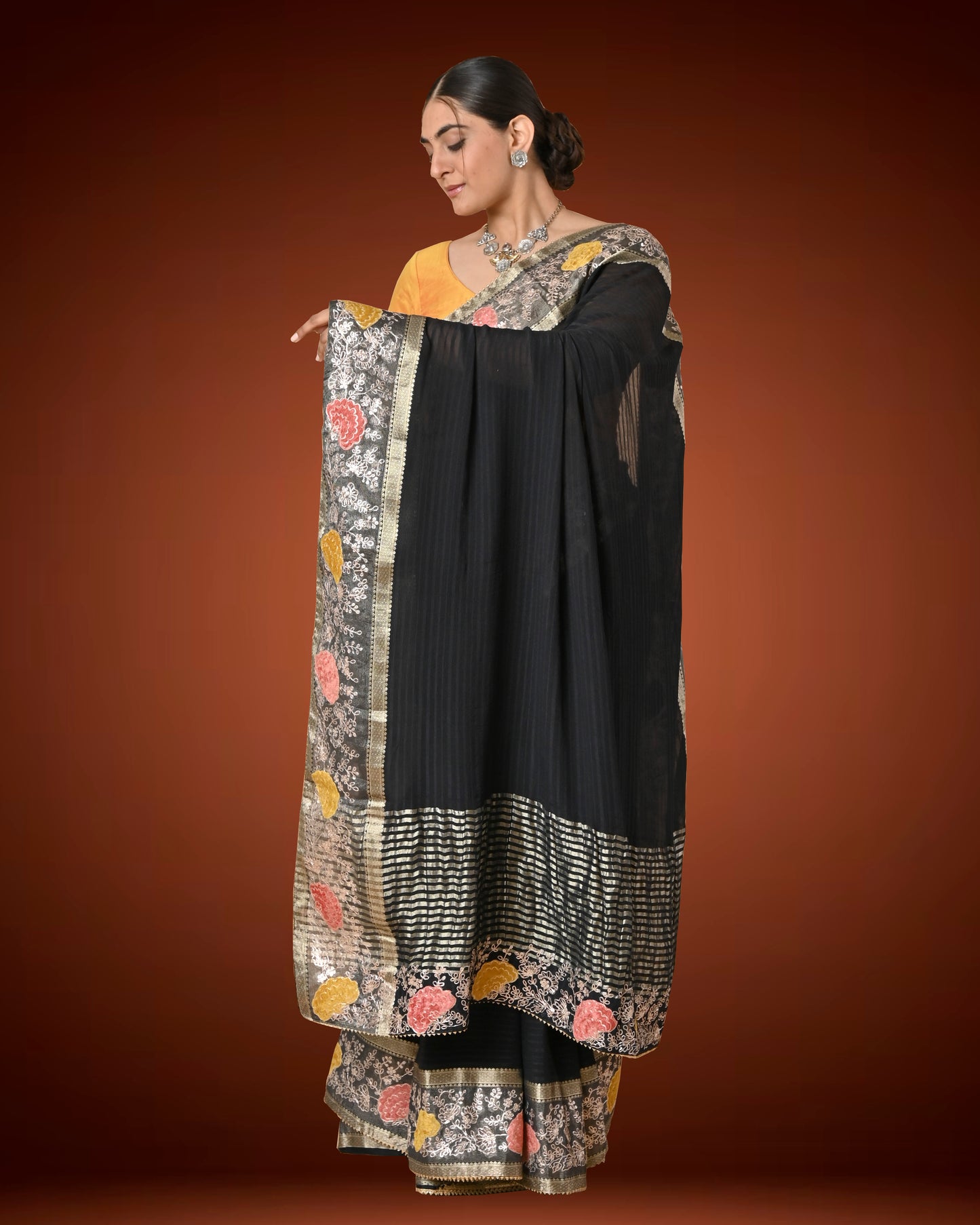 Black Pure Chiffon Saree with Aari Work and Zari Border