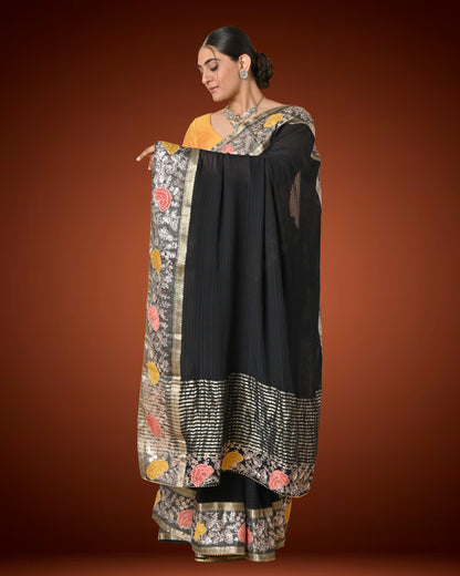 Black Pure Chiffon Saree with Aari Work and Zari Border