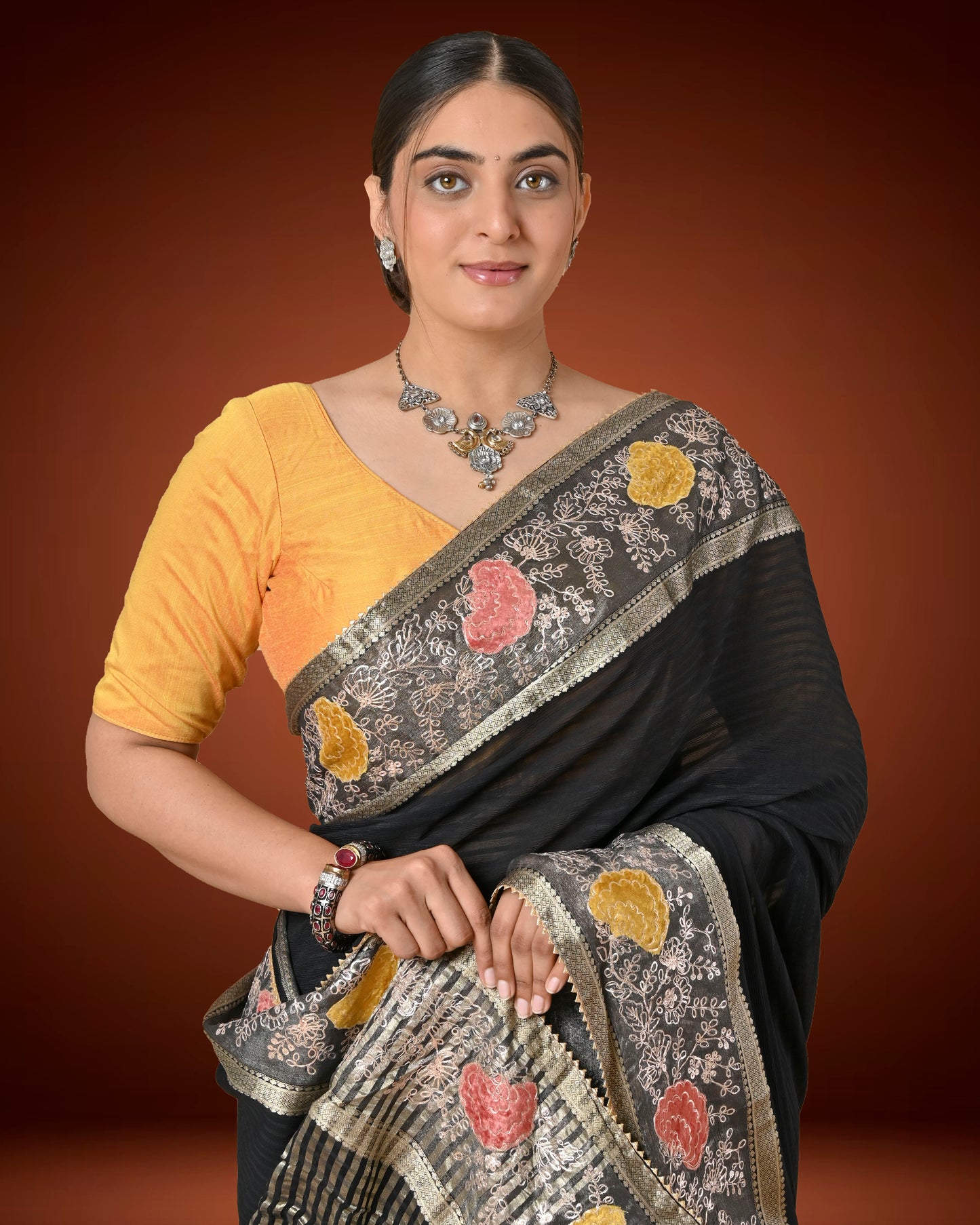 Black Pure Chiffon Saree with Aari Work and Zari Border