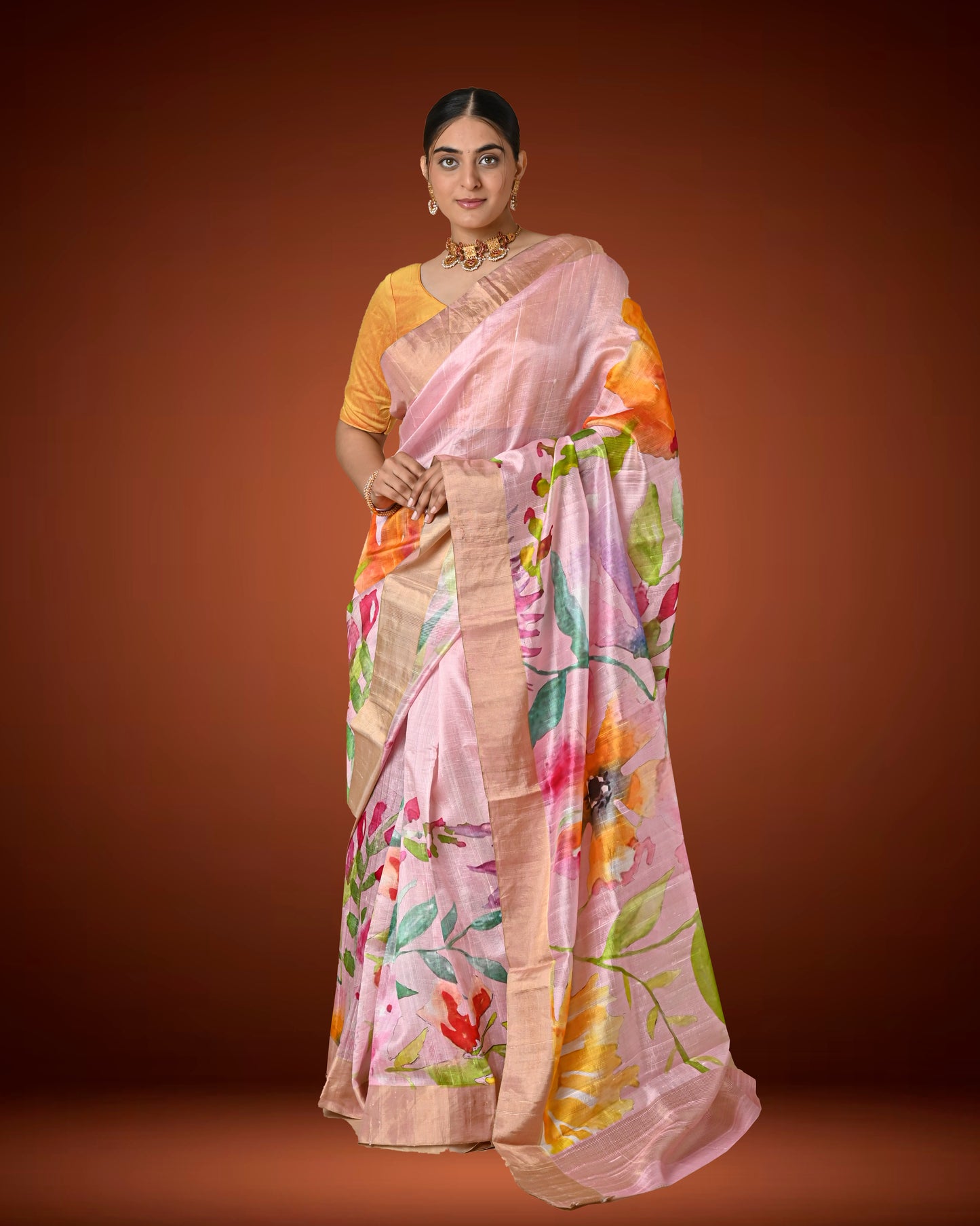 Pastel Pink Raw Silk Printed Saree with Bold Floral Motifs