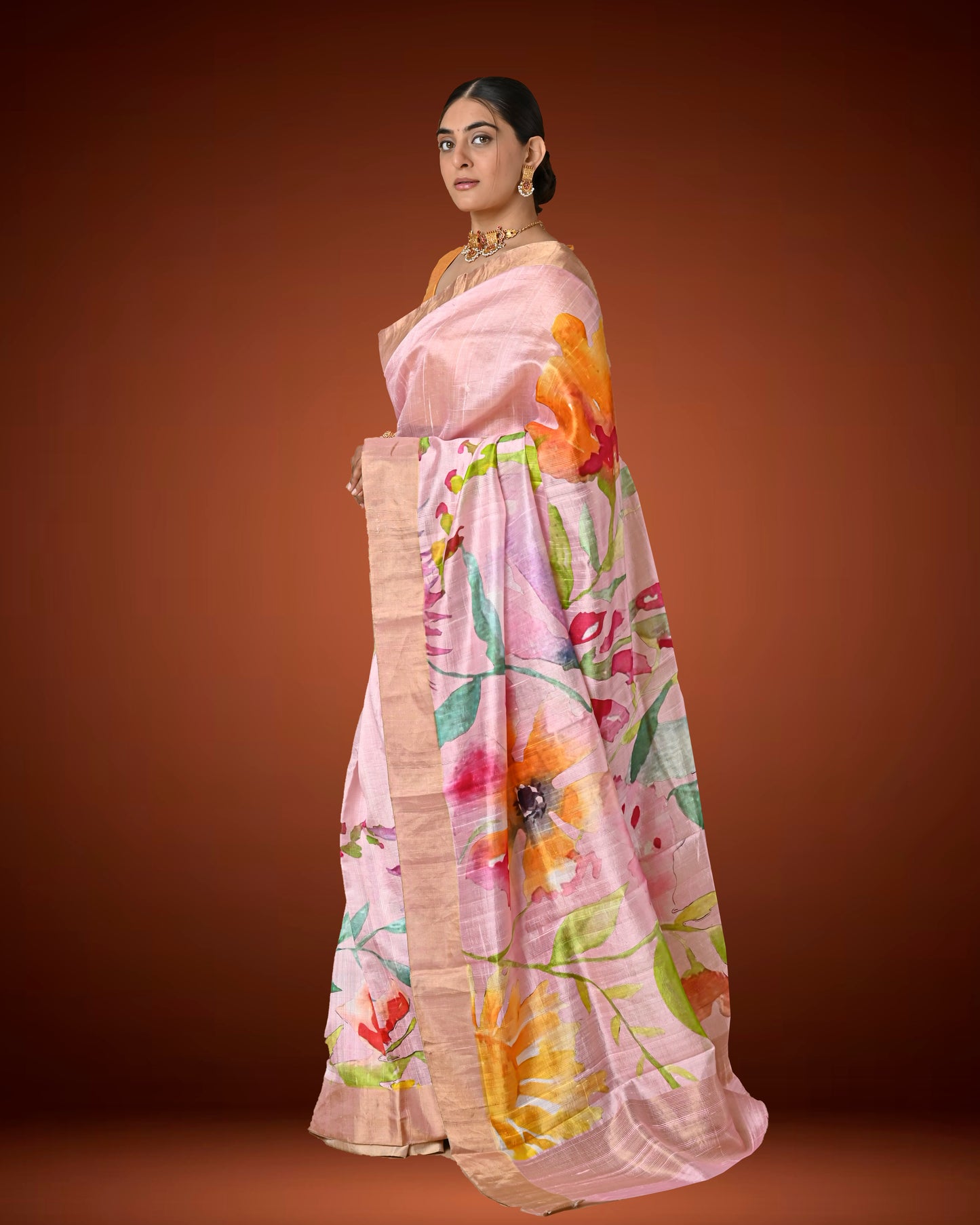 Pastel Pink Raw Silk Printed Saree with Bold Floral Motifs