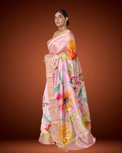 Pastel Pink Raw Silk Printed Saree with Bold Floral Motifs