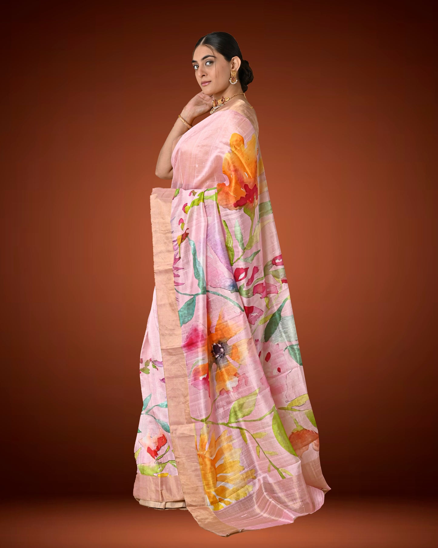Pastel Pink Raw Silk Printed Saree with Bold Floral Motifs