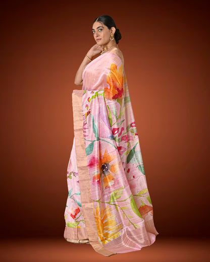 Pastel Pink Raw Silk Printed Saree with Bold Floral Motifs