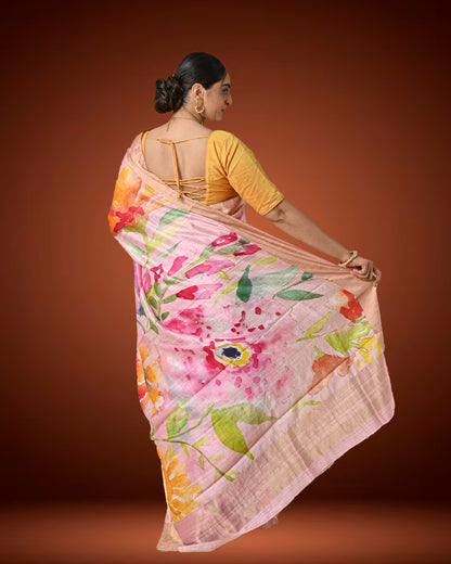 Pastel Pink Raw Silk Printed Saree with Bold Floral Motifs