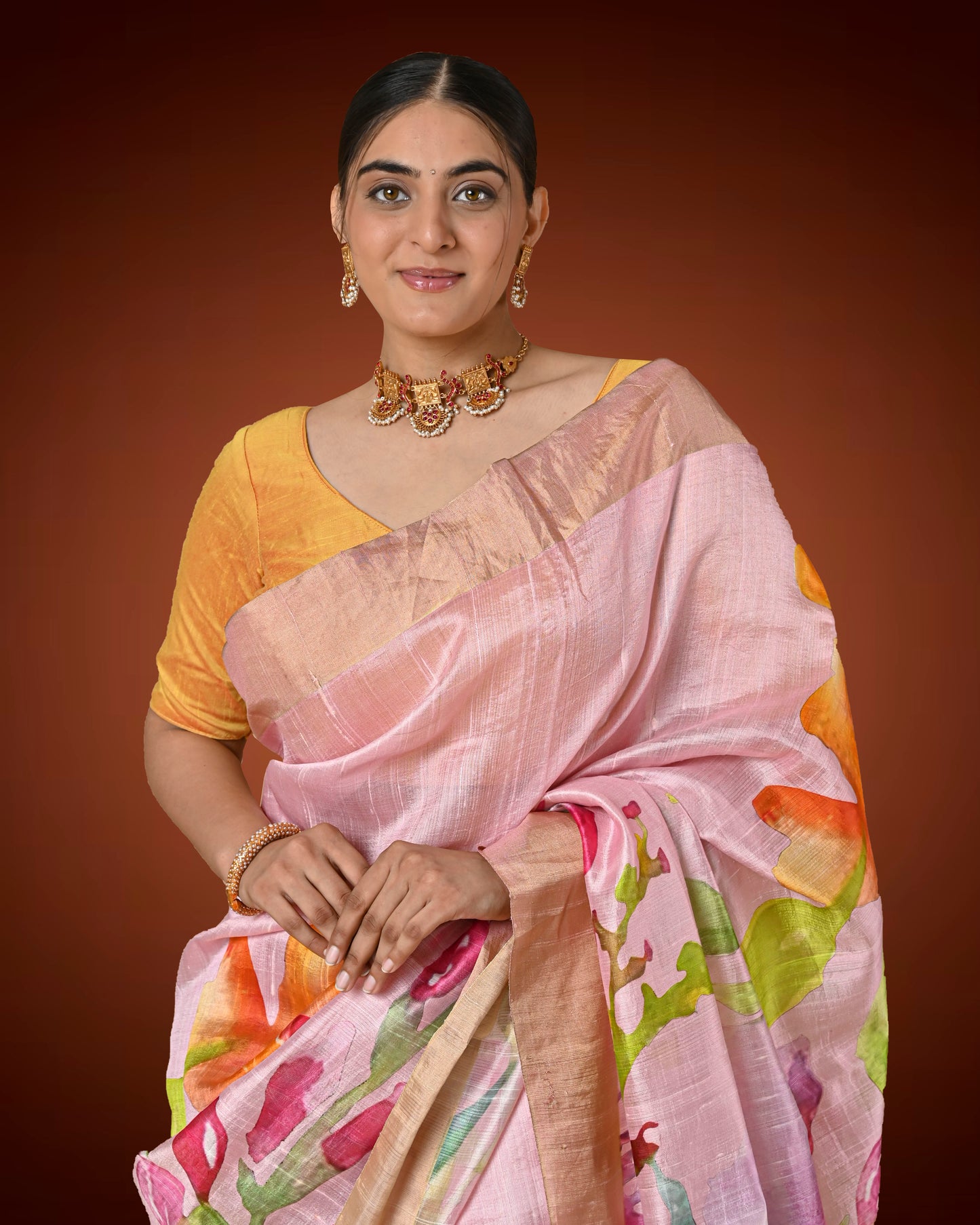 Pastel Pink Raw Silk Printed Saree with Bold Floral Motifs
