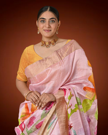 Pastel Pink Raw Silk Printed Saree with Bold Floral Motifs