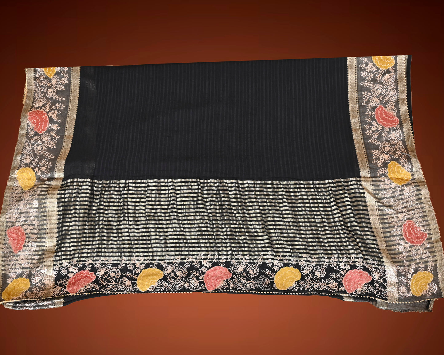 Black Pure Chiffon Saree with Aari Work and Zari Border