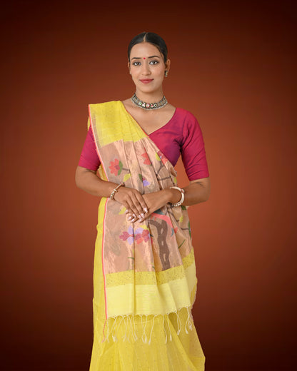 Pastel Yellow Kosa Silk Saree with Woven Pallu