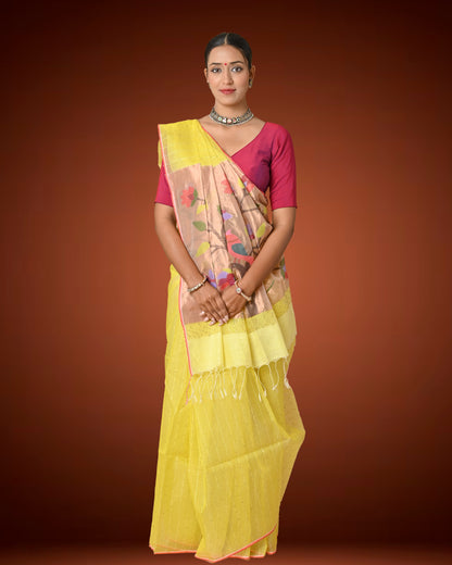 Pastel Yellow Kosa Silk Saree with Woven Pallu