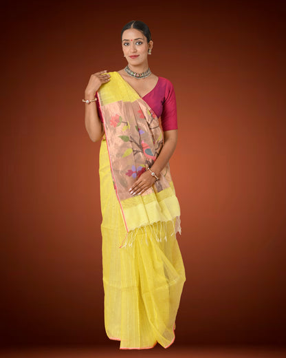 Pastel Yellow Kosa Silk Saree with Woven Pallu