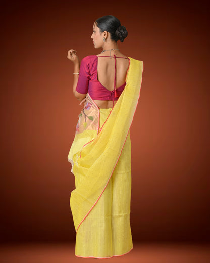 Pastel Yellow Kosa Silk Saree with Woven Pallu