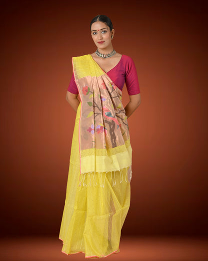 Pastel Yellow Kosa Silk Saree with Woven Pallu