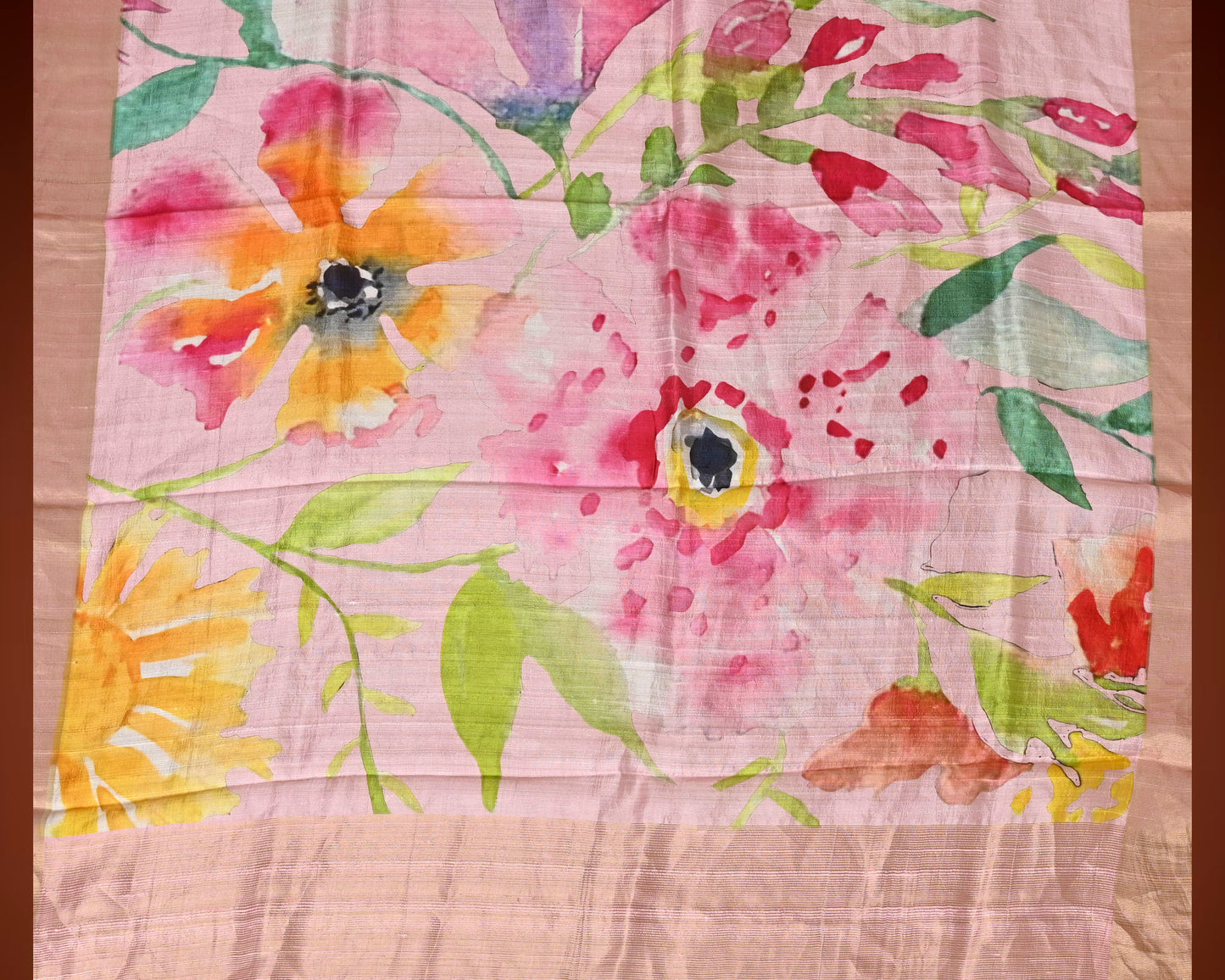 Pastel Pink Raw Silk Printed Saree with Bold Floral Motifs